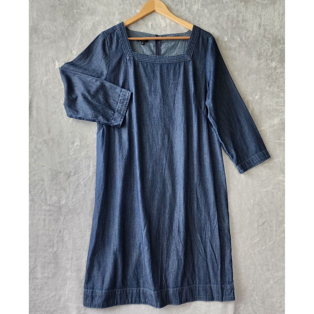Talbots Denim Dress Womens Size 14 Square Neck Dark Wash Blue Jean Zip Back